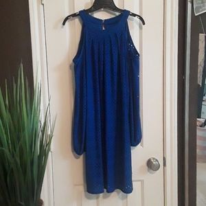 Peekaboo shoulder peacock blue dress